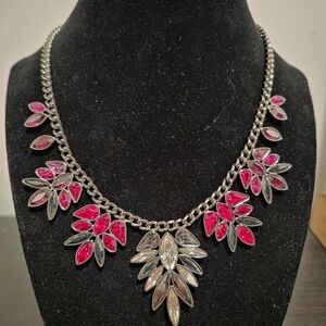 Statement Silver Necklace with Pink and Clear Crystal Petals